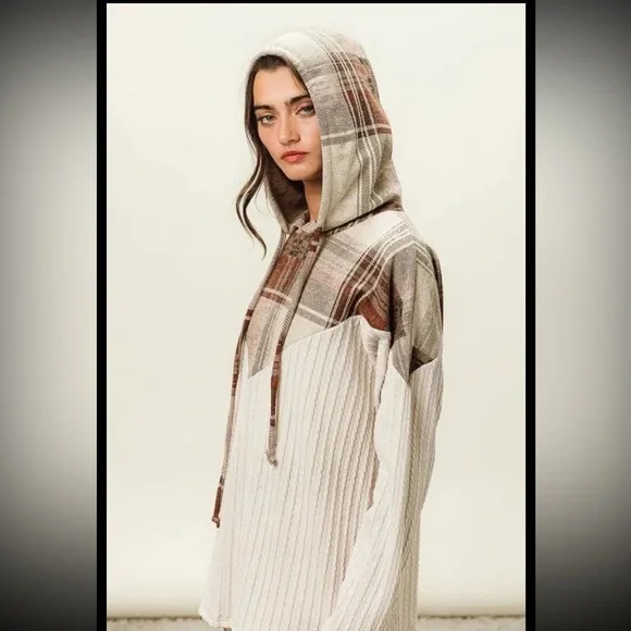 BIBI PLAID BRUSH KNIT CONRAST CABLE KNIT HOODIE - Picture 3 of 7